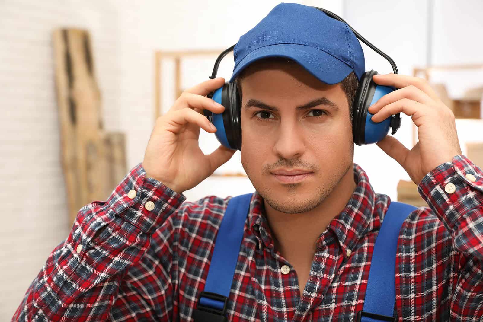 Worker with blue hat wearing blue professional safety headphones