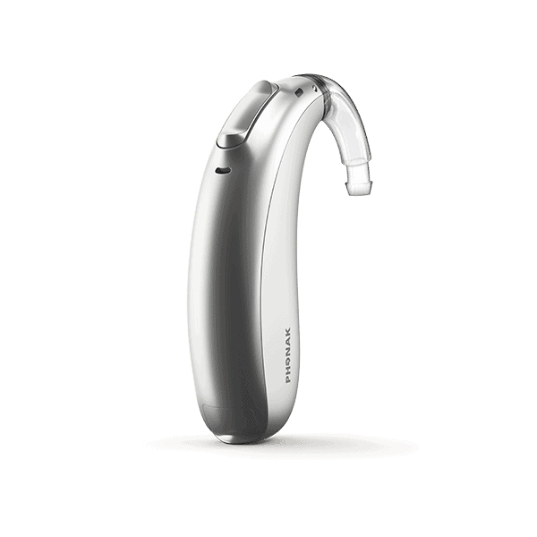 Silver Phonak Behind-The-Ear (BTE) hearing aid